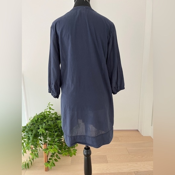 H & M L.O.G.G. Sheer Tunic Navy Blue V Neck 3/4 Sleeve 100% Cotton Lagenlook - Picture 2 of 12
